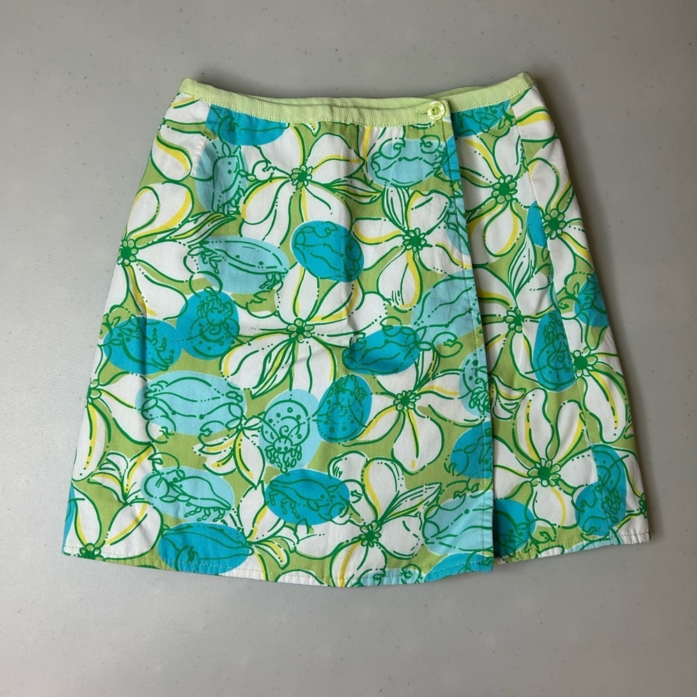 VTG Lilly Pulitzer Wrap Skirt Sz 6X Blue‎ Green Floral Sea Print